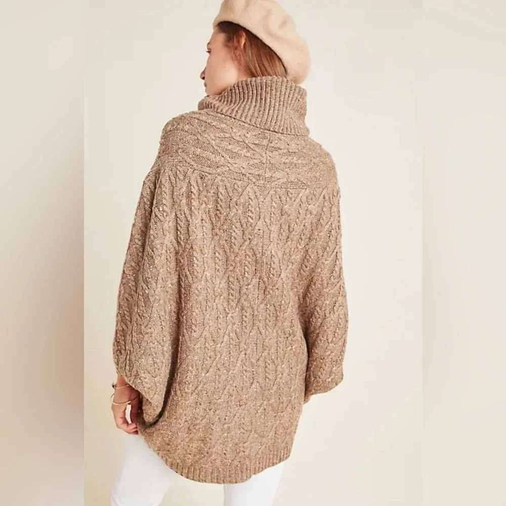 By Anthropologie Tan Corine Cable Knit Poncho Cowl Neck Sweater size XL